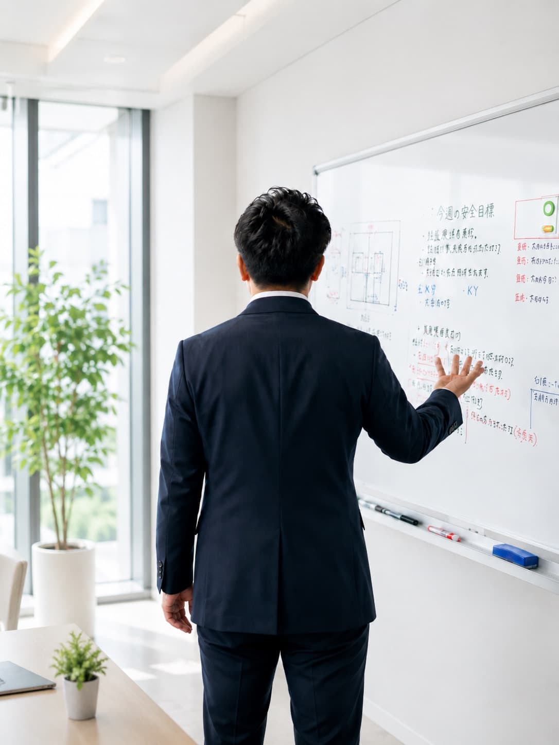 ホワイトボードの前で説明する代表